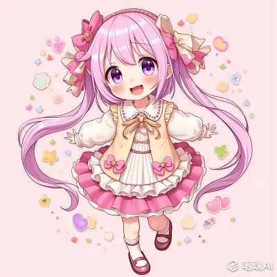 粉色头发紫色眼睛可爱女孩穿着粉色裙子风格甜美