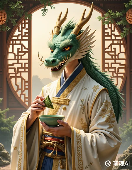 青色龙首男子身穿白色长袍手持茶具画面古风
