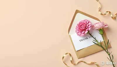 粉色康乃馨与金色信封的温馨感谢卡简约风