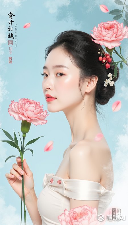 粉色花朵点缀清新淡雅的古典风格画面
