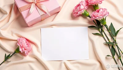 粉色礼物盒康乃馨花束白色卡片柔和浪漫风格