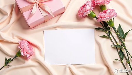 粉色礼物盒康乃馨花束白色卡片柔和浪漫风格