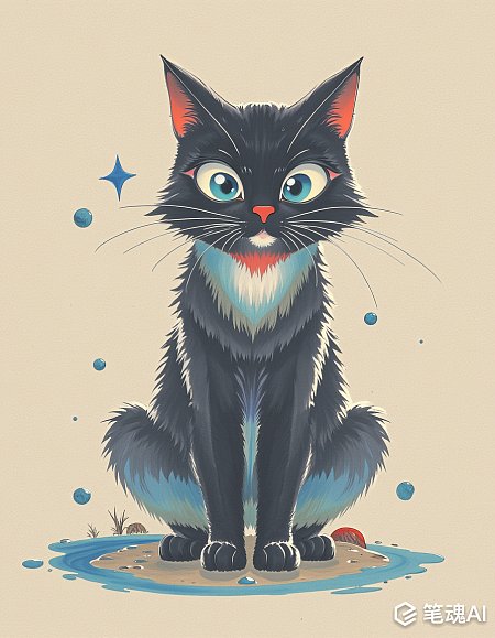 蓝眼睛黑猫戴蓝色围巾坐在水边卡通画