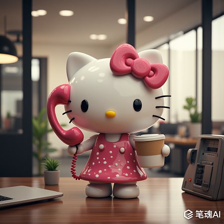 粉色hello kitty打电话喝咖啡现代办公室场景