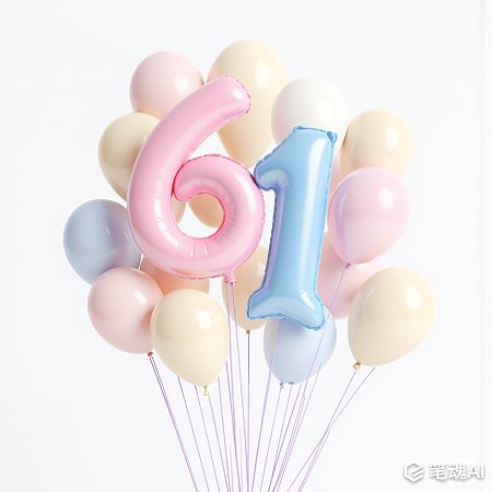粉色和蓝色数字61气球装饰着五颜六色的气球束庆祝生日快乐