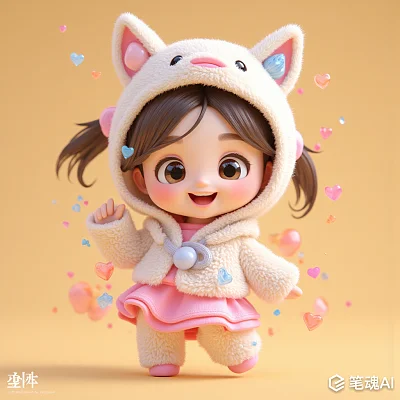 粉色可爱小女孩穿着猫耳朵毛绒外套黄色背景