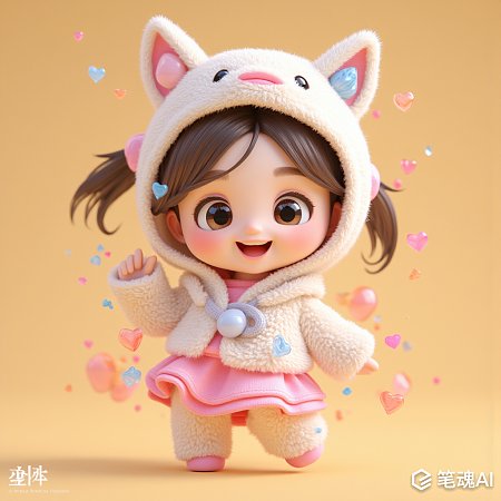 粉色可爱小女孩穿着猫耳朵毛绒外套黄色背景