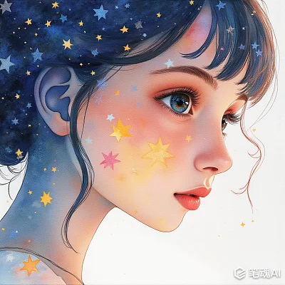 星空下的少女梦幻色彩插画