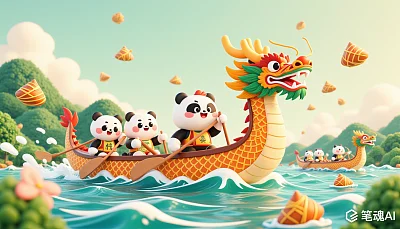 熊猫们在彩色龙舟上赛龙舟节日气氛浓厚卡通风格