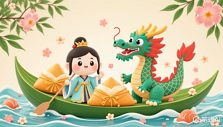 绿色龙舟上卡通人物与粽子主题插画可爱风格