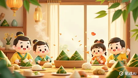 五彩缤纷的端午节孩子们包粽子欢乐场景卡通画