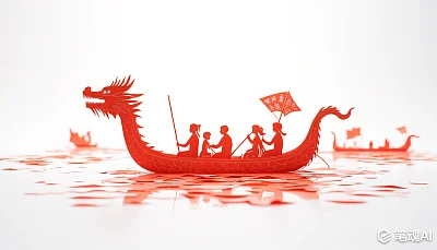 红色剪纸龙舟上人物剪影风格生动