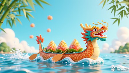 彩色卡通龙舟赛端午节主题画风