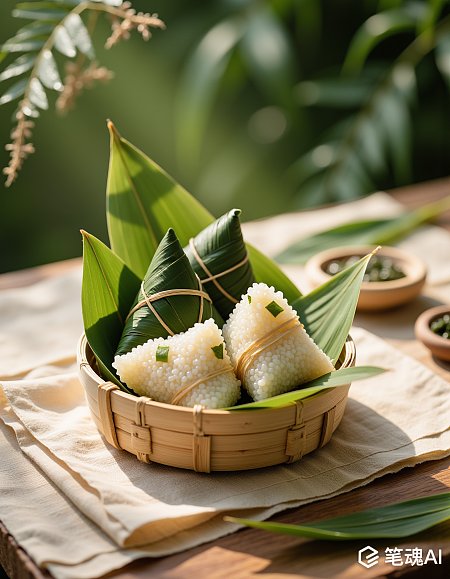 绿色竹叶包裹的粽子在阳光下显得格外清新自然
