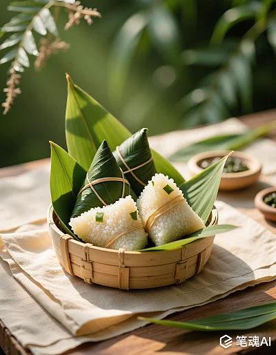 绿色竹叶包裹的粽子在阳光下显得格外清新自然