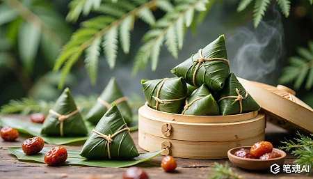 绿色粽叶包裹的粽子蒸笼中散发热气清新自然风格