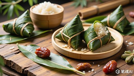 绿色粽叶包裹的粽子与红色枣子点缀在木质桌面上呈现节日氛围