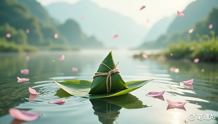 绿色粽子漂浮在湖面上粉色花瓣点缀宁静自然风光