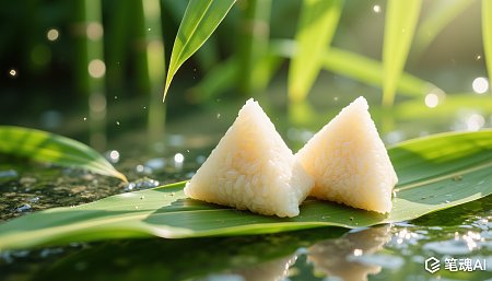 翠绿竹叶上两颗白糯米粽子清新自然风格