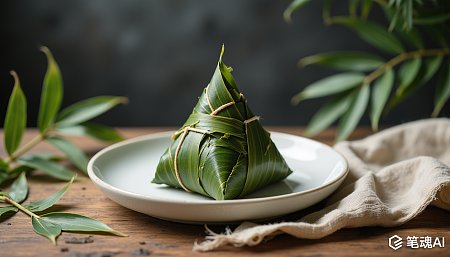 绿色粽子盘中摆放木质桌布背景简约自然风