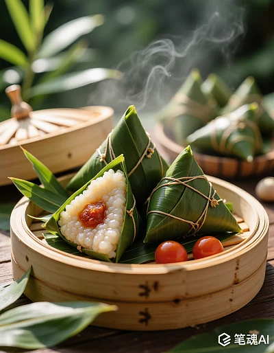 绿色竹叶包裹的粽子蒸笼中散发热气清新自然风格