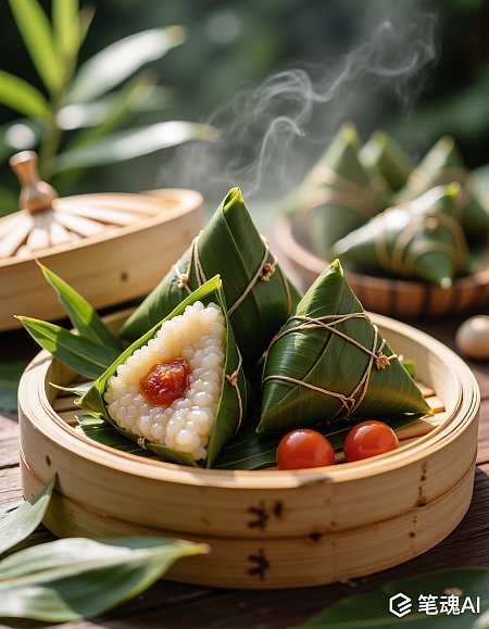 绿色竹叶包裹的粽子蒸笼中散发热气清新自然风格