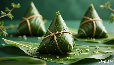 绿色背景粽子绑绳点缀白色花朵清新自然