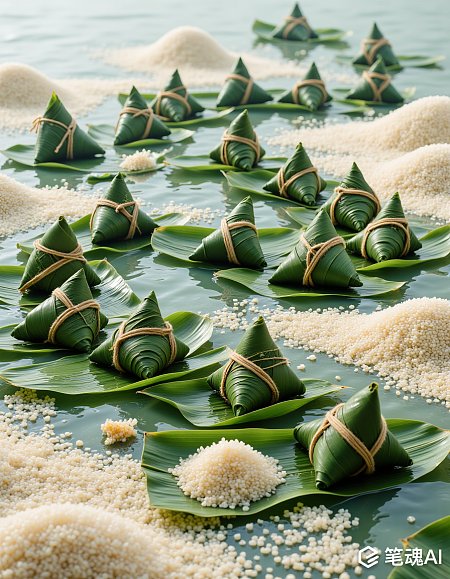 绿色粽子漂浮在米粒上宁静的水面风格