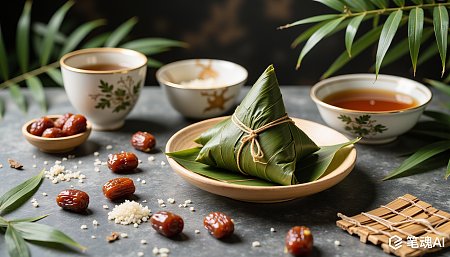 绿色粽子搭配红枣茶色背景竹叶点缀传统节日氛围
