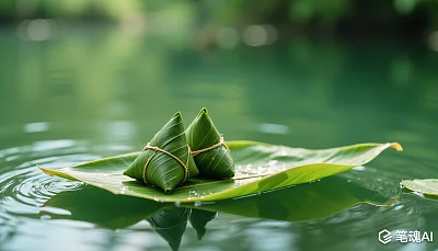 绿色粽子漂浮在清澈湖面上宁静自然风格