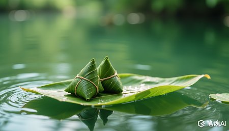 绿色粽子漂浮在清澈湖面上宁静自然风格