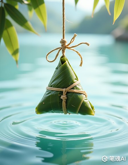 绿色粽子挂在湖边竹叶旁宁静水面风格清新自然