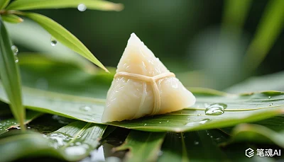 翠绿竹叶上点缀着晶莹水珠的粽子清新自然