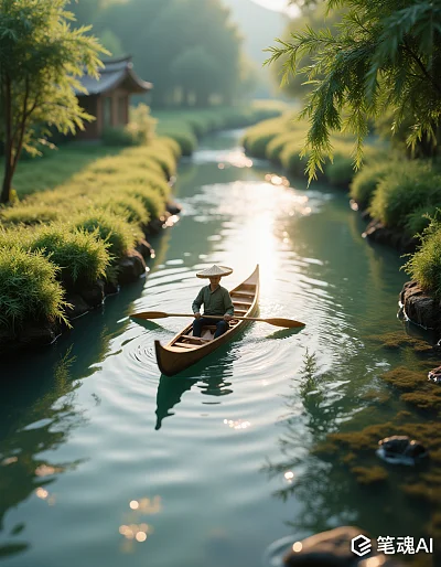 宁静的绿色小河上有人划船悠闲风景如画