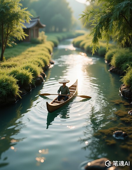 宁静的绿色小河上有人划船悠闲风景如画