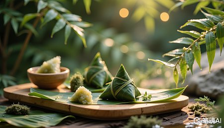 绿色粽子在竹叶上摆放着自然清新风格