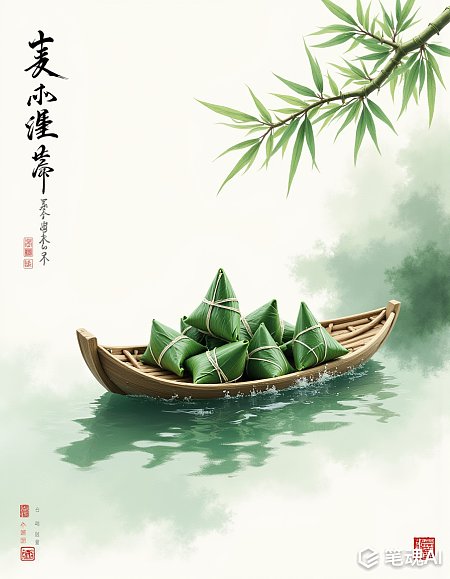 绿色粽子竹叶小船水墨画风