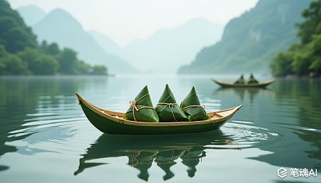 绿色粽子漂浮在宁静湖面上的风景画