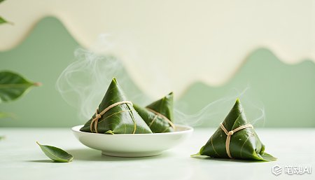 绿色粽子散发热气清新自然风格