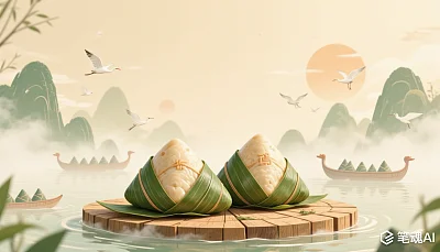 绿色粽子漂浮在木板上，背景是山水和夕阳，风格宁静古朴