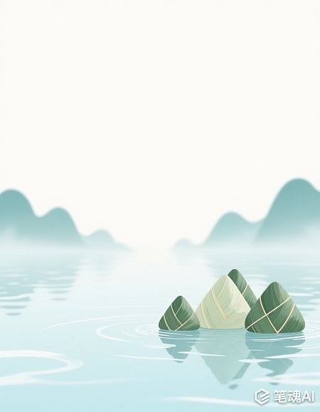 青绿色粽子漂浮在清澈湖面上宁静山水画风