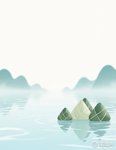 青绿色粽子漂浮在清澈湖面上宁静山水画风