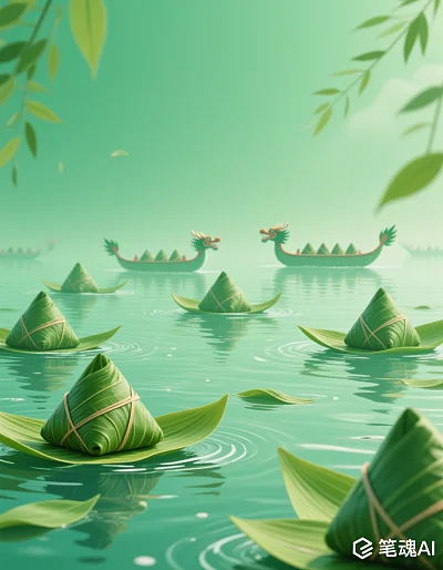 翠绿粽子漂浮在碧水之上，龙舟点缀其间，清新淡雅风格