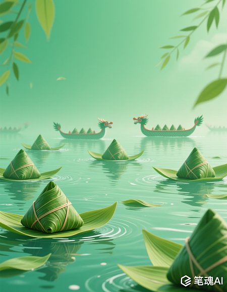 翠绿粽子漂浮在碧水之上，龙舟点缀其间，清新淡雅风格