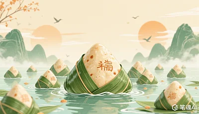 端午节粽子漂浮在湖面上，背景是青山和夕阳，色彩柔和，风格古朴