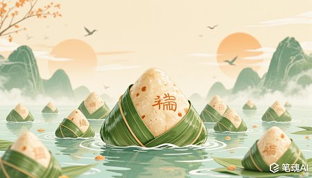 端午节粽子漂浮在湖面上，背景是青山和夕阳，色彩柔和，风格古朴