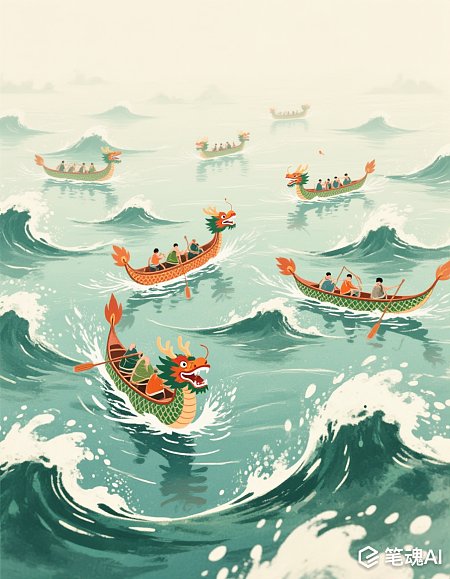绿色波浪中五彩龙舟竞渡图现代风格