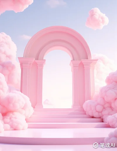 粉色云朵环绕的古典拱门场景梦幻风格