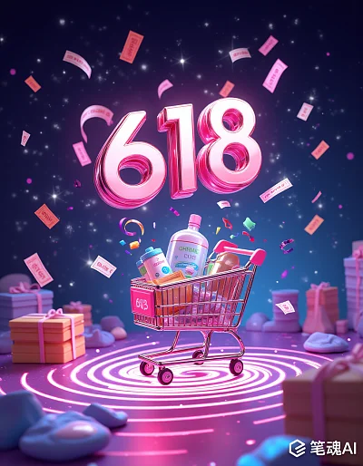 粉色618购物车满载礼物和商品庆祝节日风格