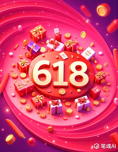 粉色背景618促销礼物金币飘落节日风格